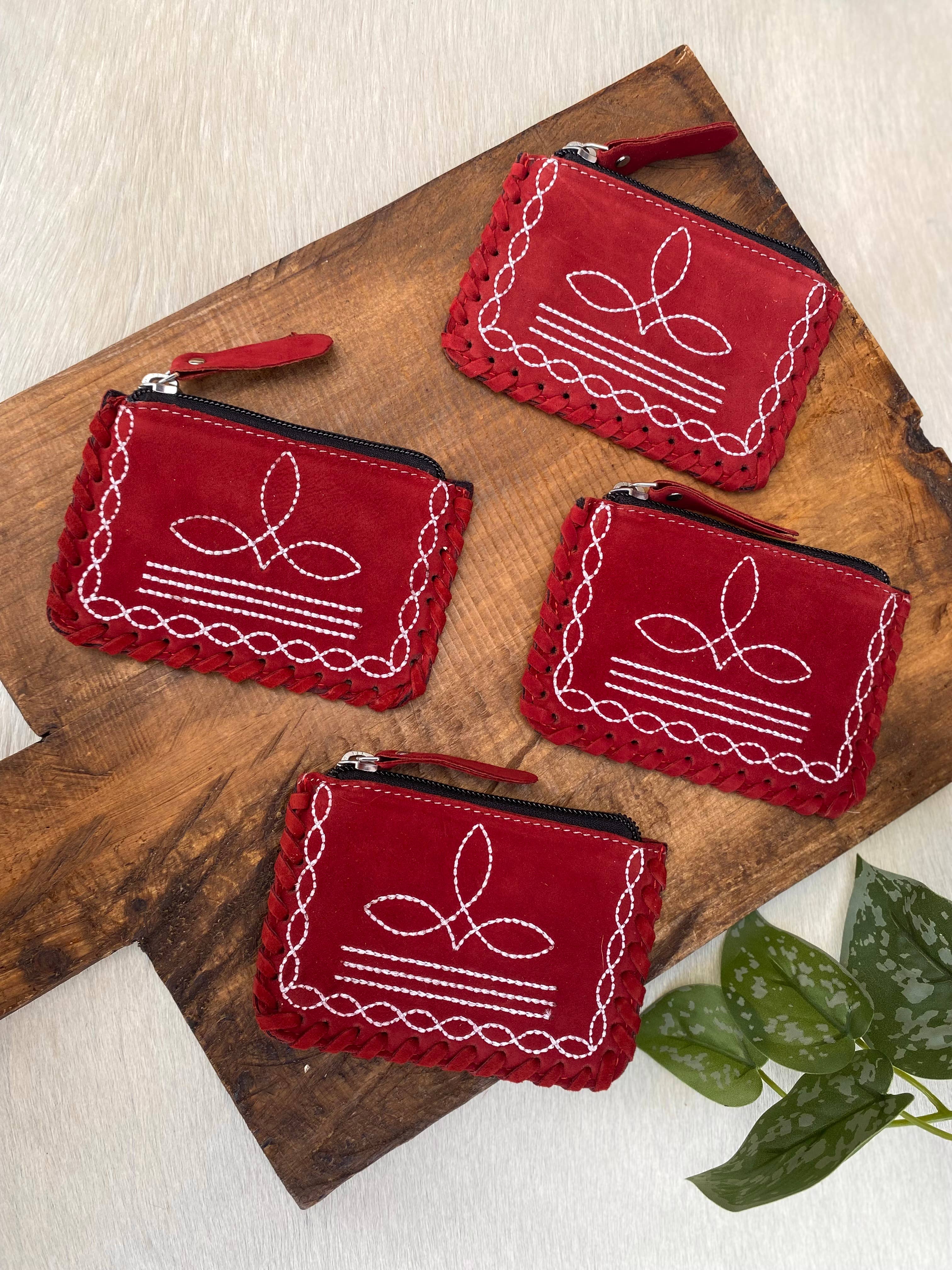 Carmine Suede Leather BootStitch Coin Pouch