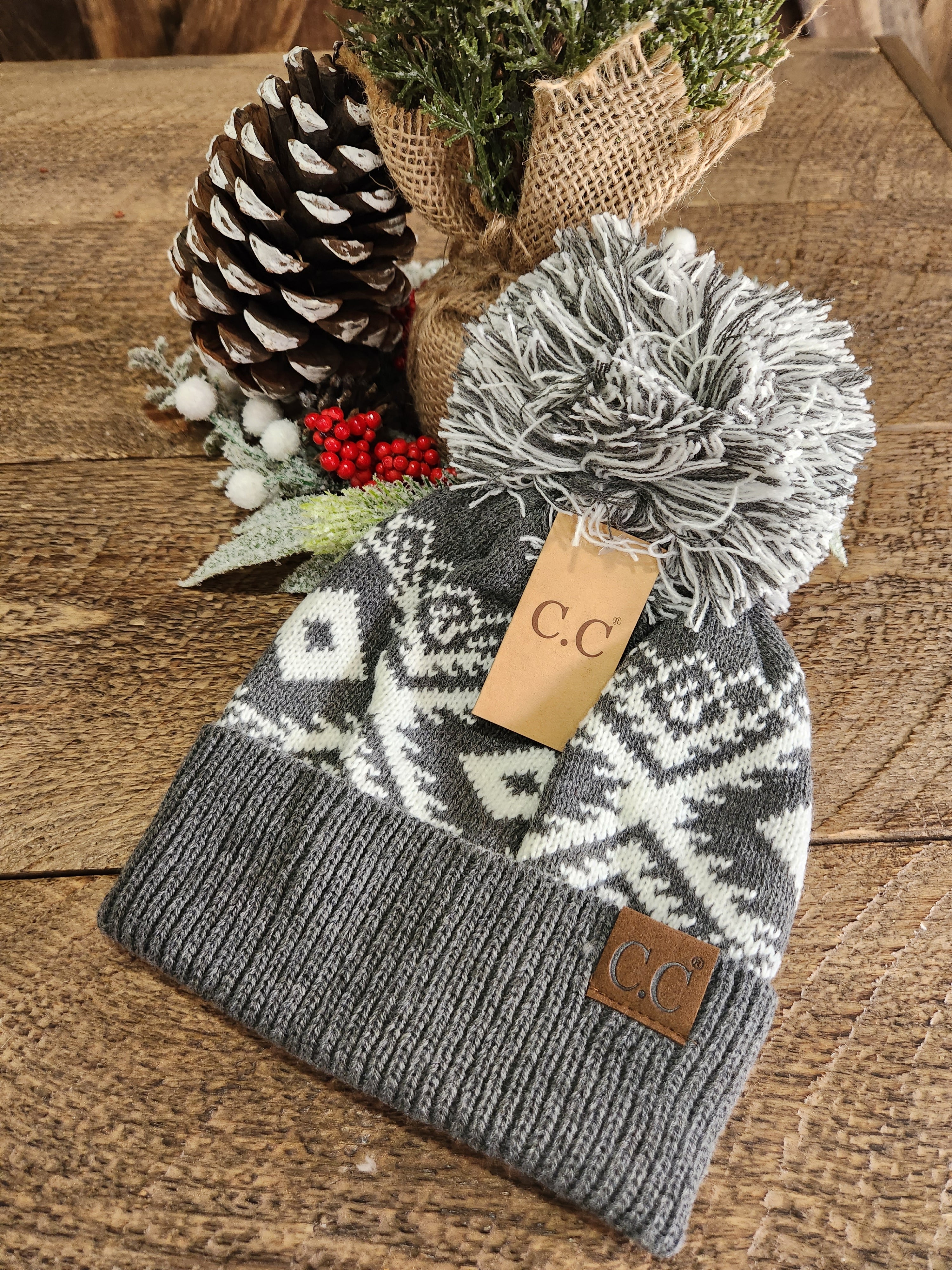 Grey & White Beanie With Pom