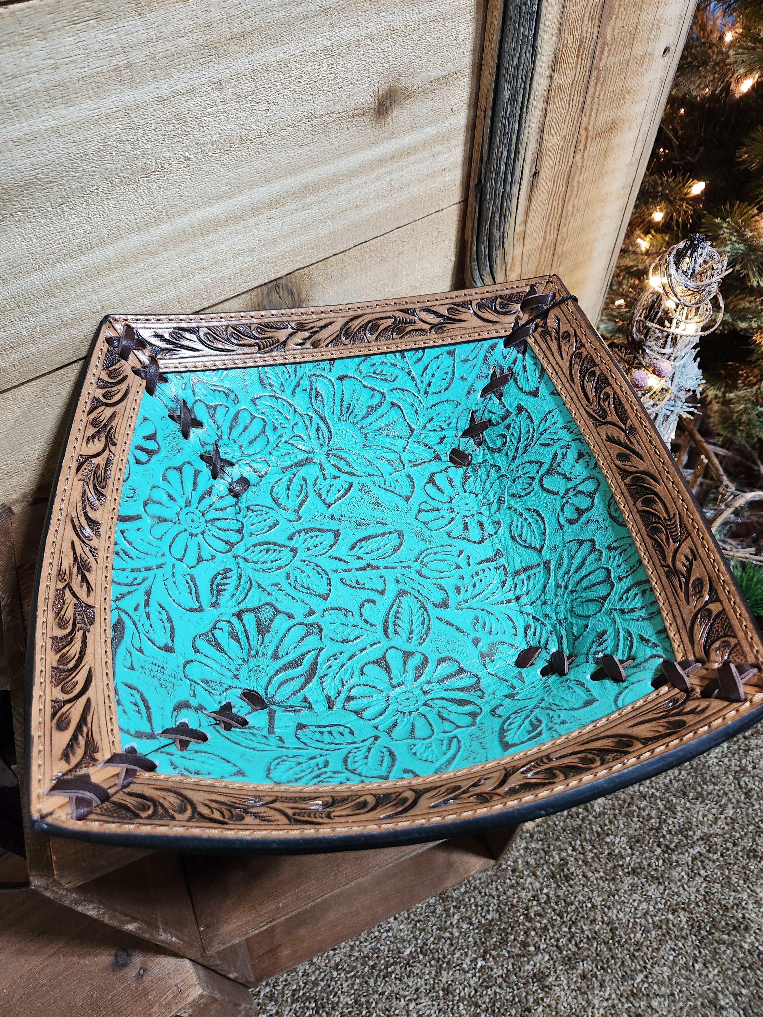 Tooled Leather Turquoise Floral Bowl