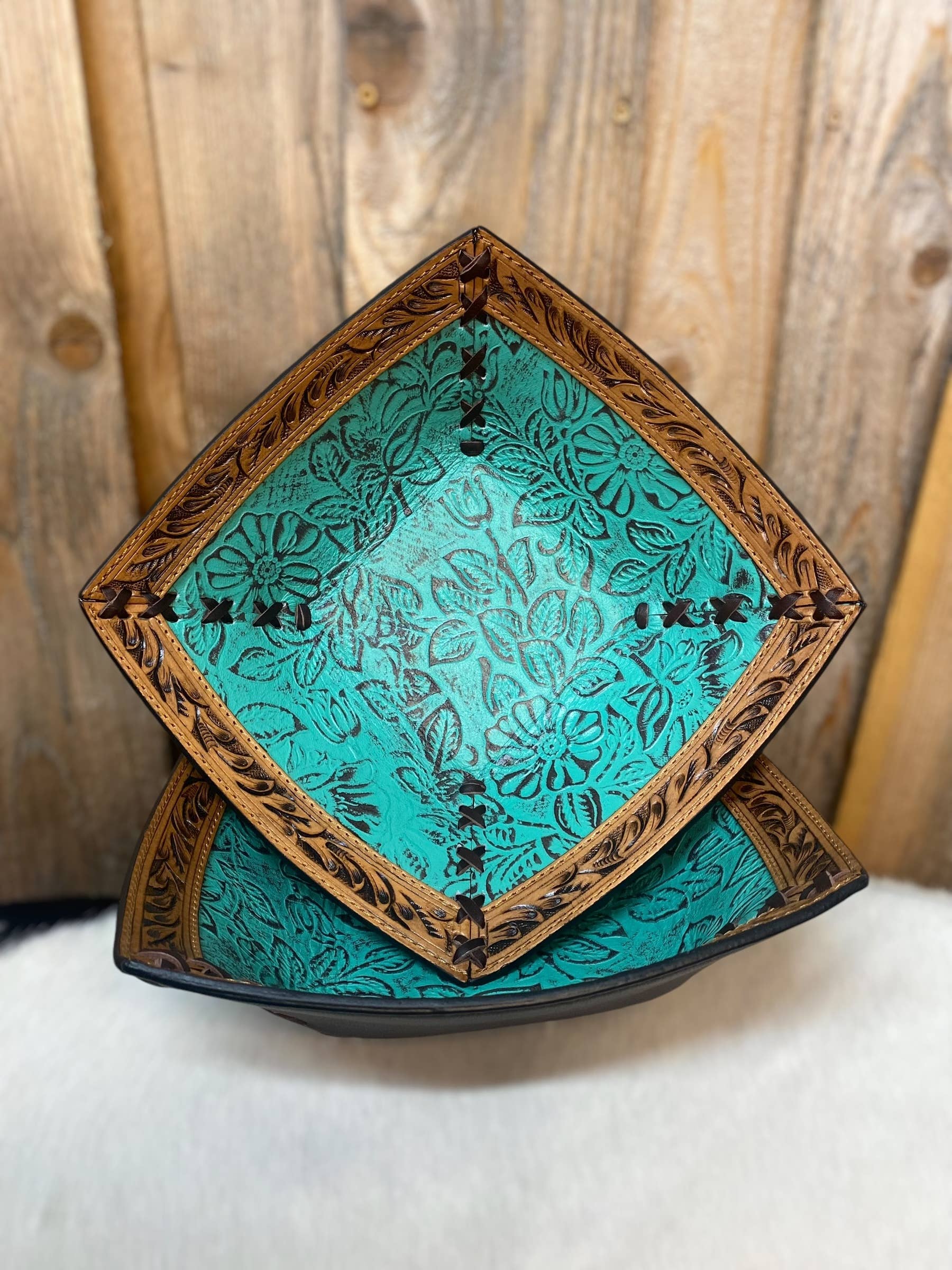 Tooled Leather Turquoise Floral Bowl