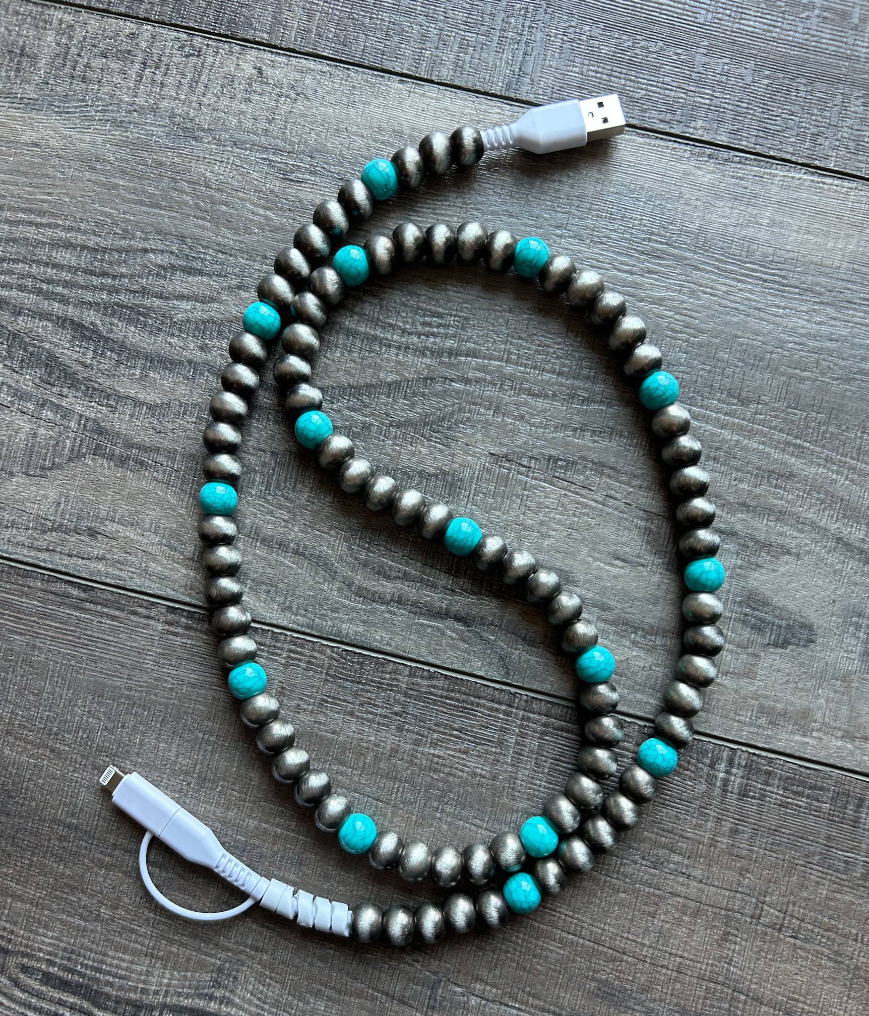 Turquoise Beaded Phone Charger with Lightning & USB-C