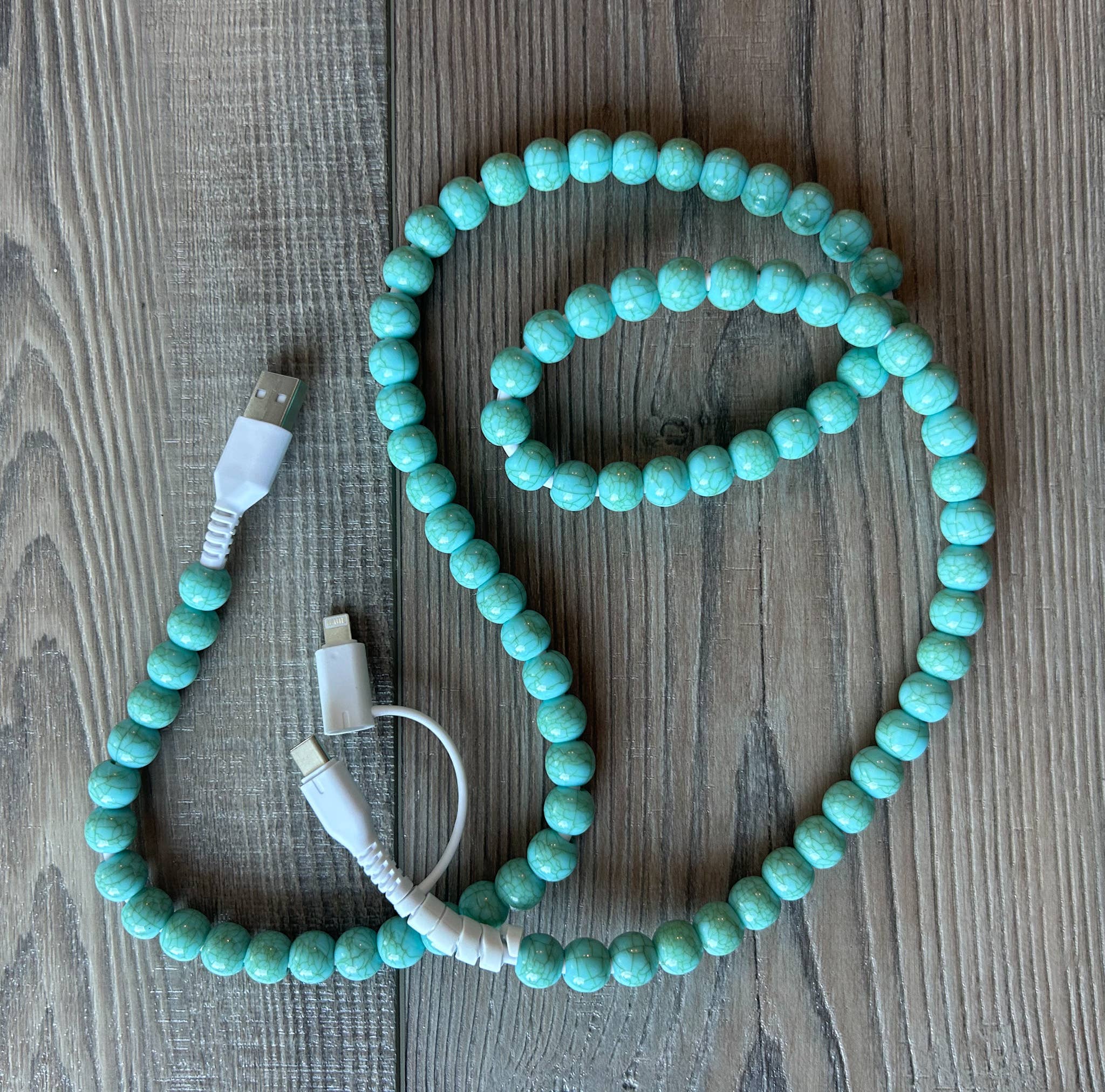 Beaded Phone Charger with Lightning & USB-C Cable: Green Turquoise