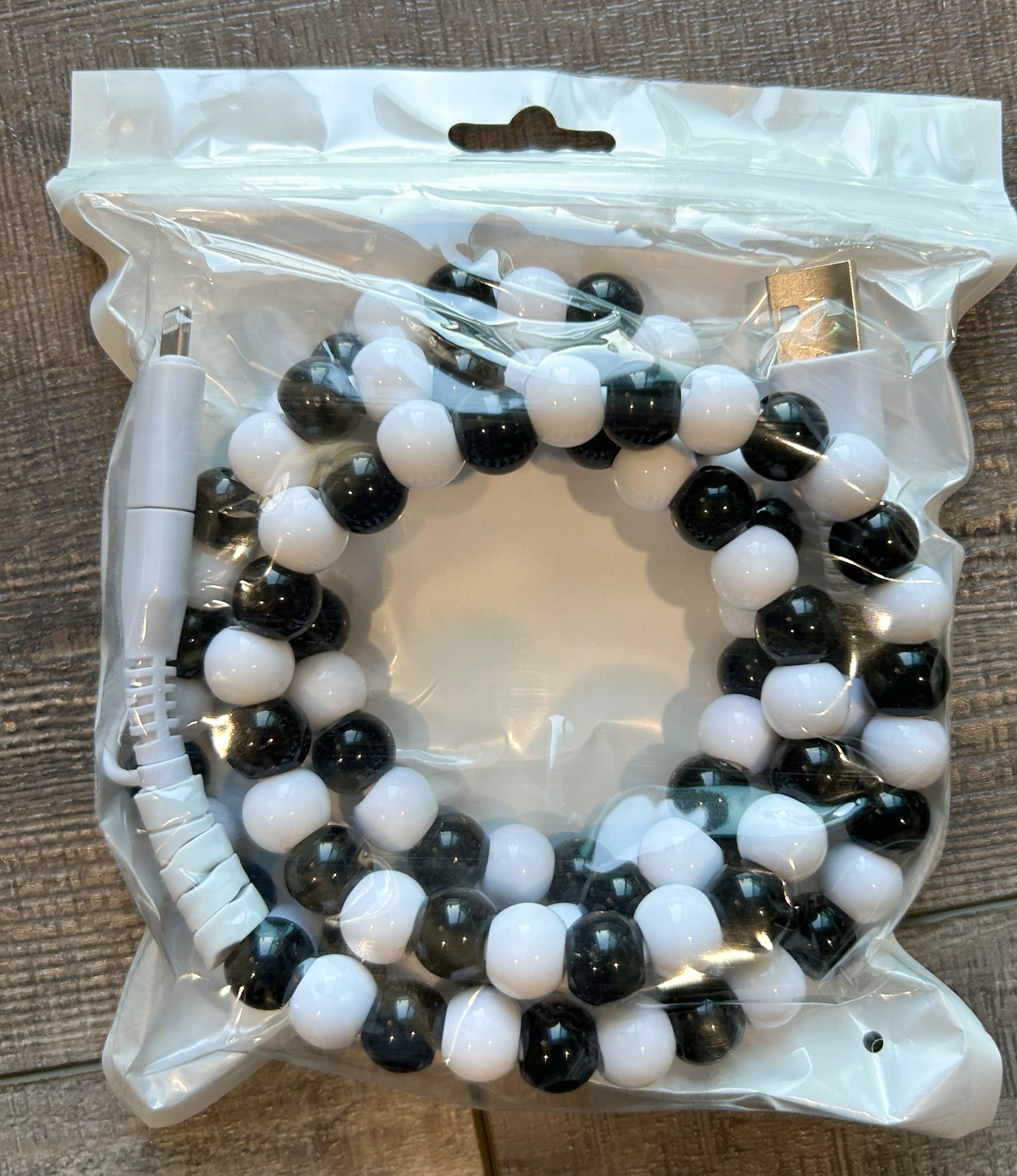 Beaded Phone Charger with Lightning & USB-C Cable: Black and White