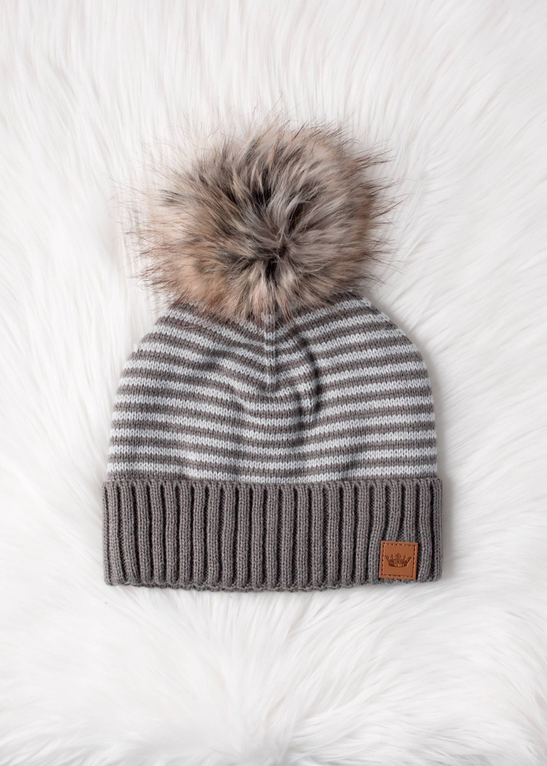 Taupe & White Striped Pom Hat