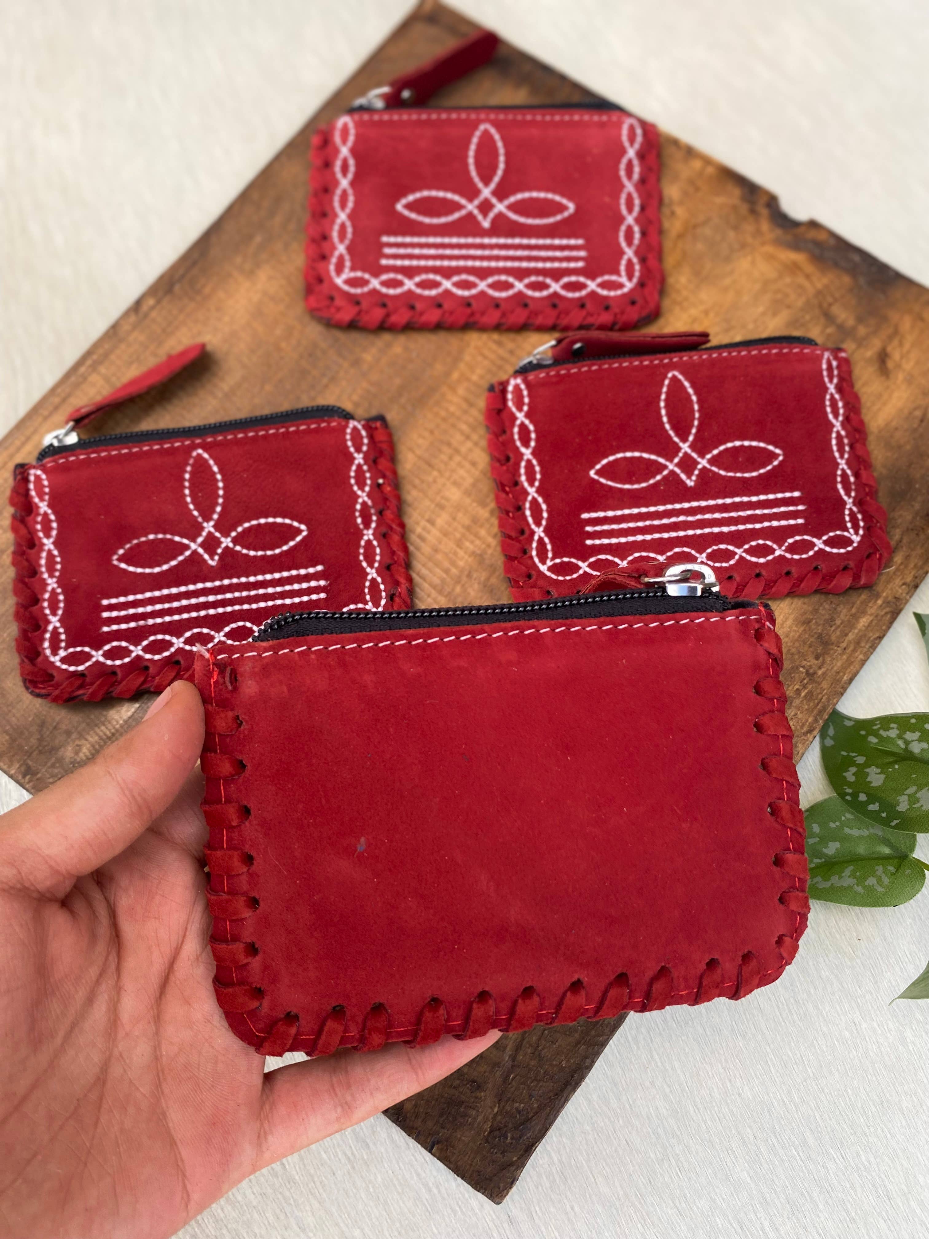 Carmine Suede Leather BootStitch Coin Pouch