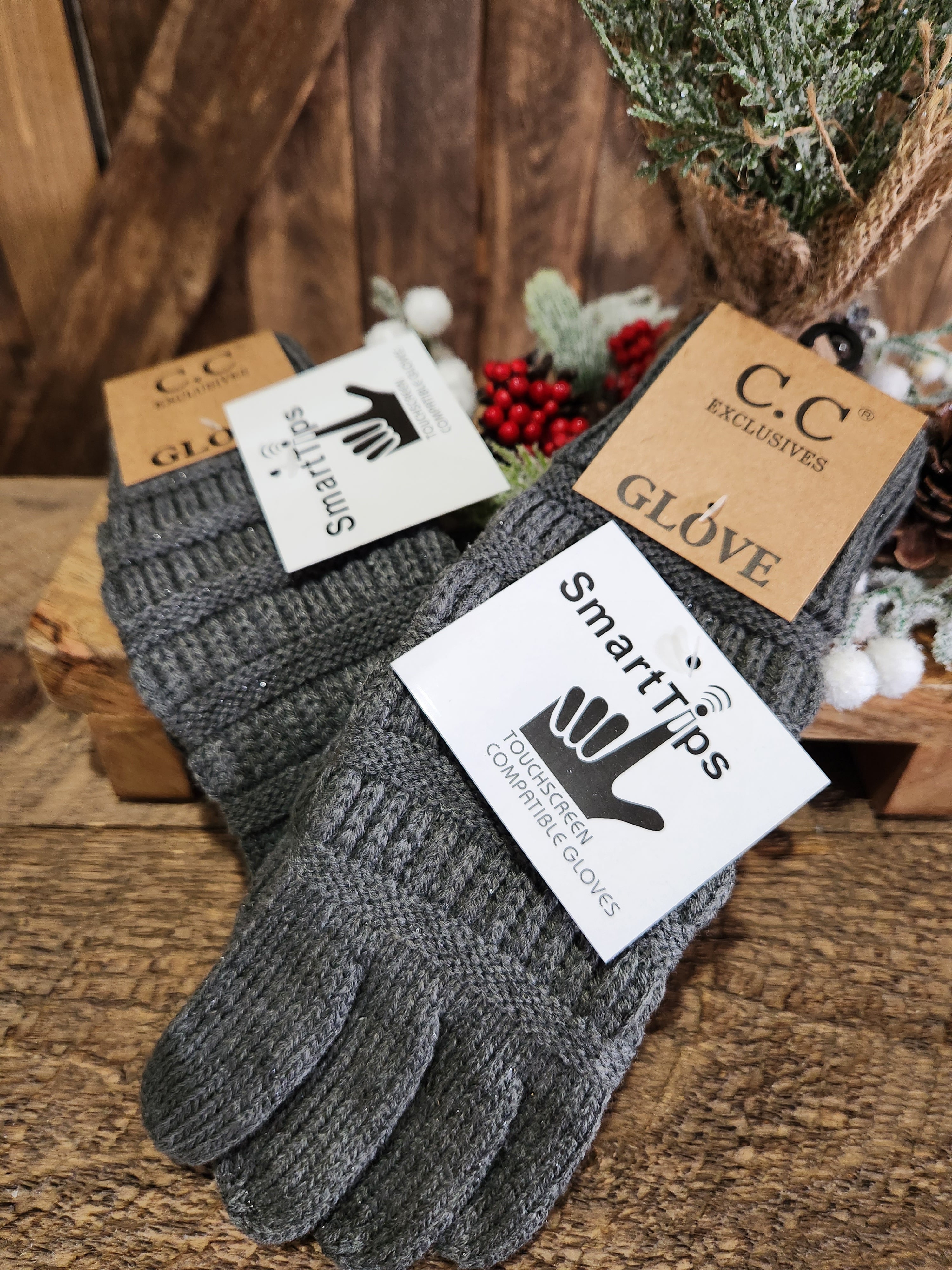 Dark Grey Metallic Knitted Gloves
