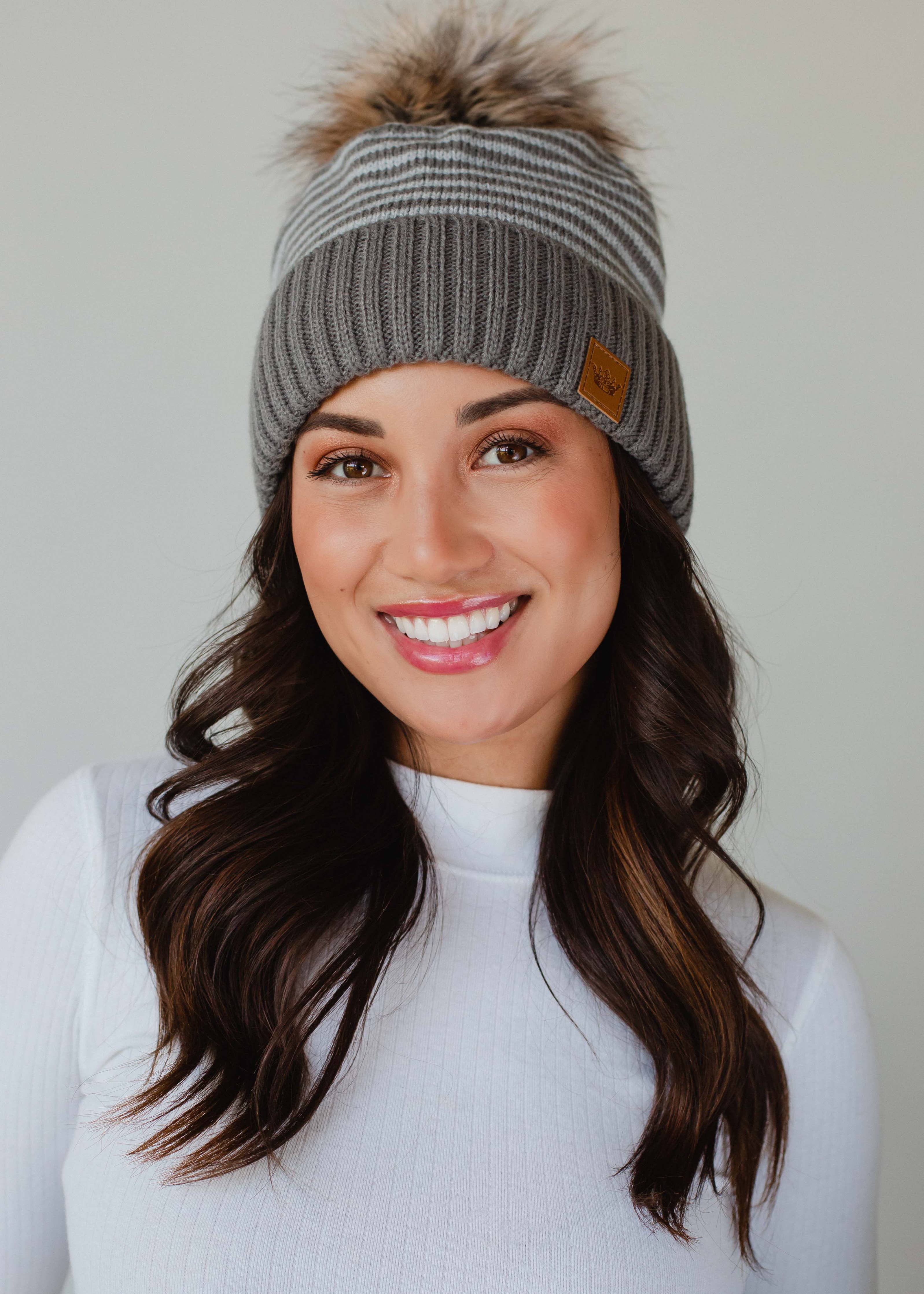 Taupe & White Striped Pom Hat