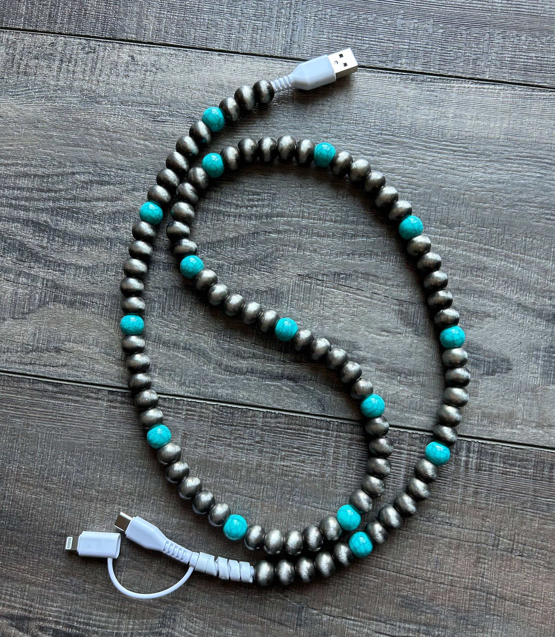 Turquoise Beaded Phone Charger with Lightning & USB-C
