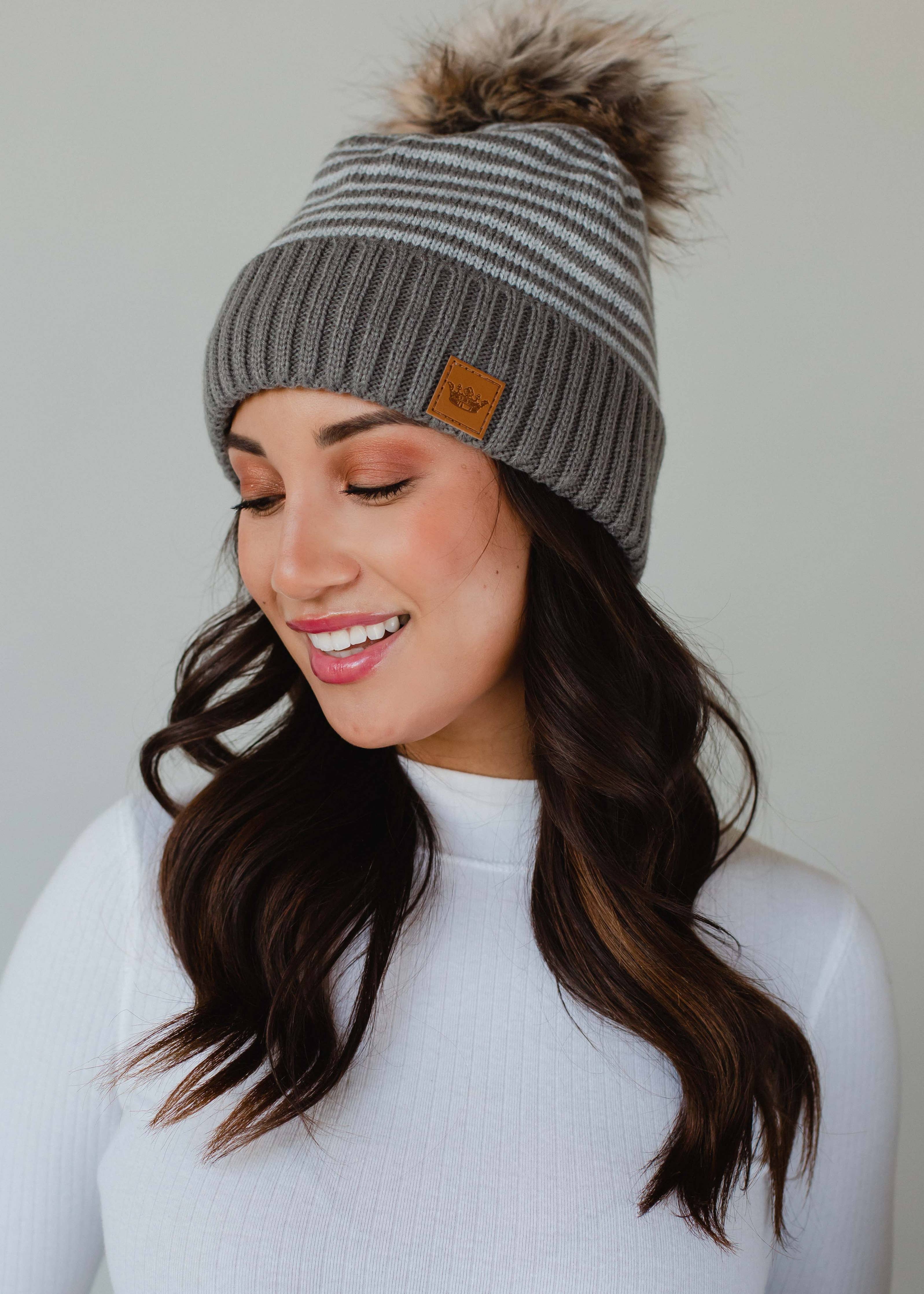 Taupe & White Striped Pom Hat