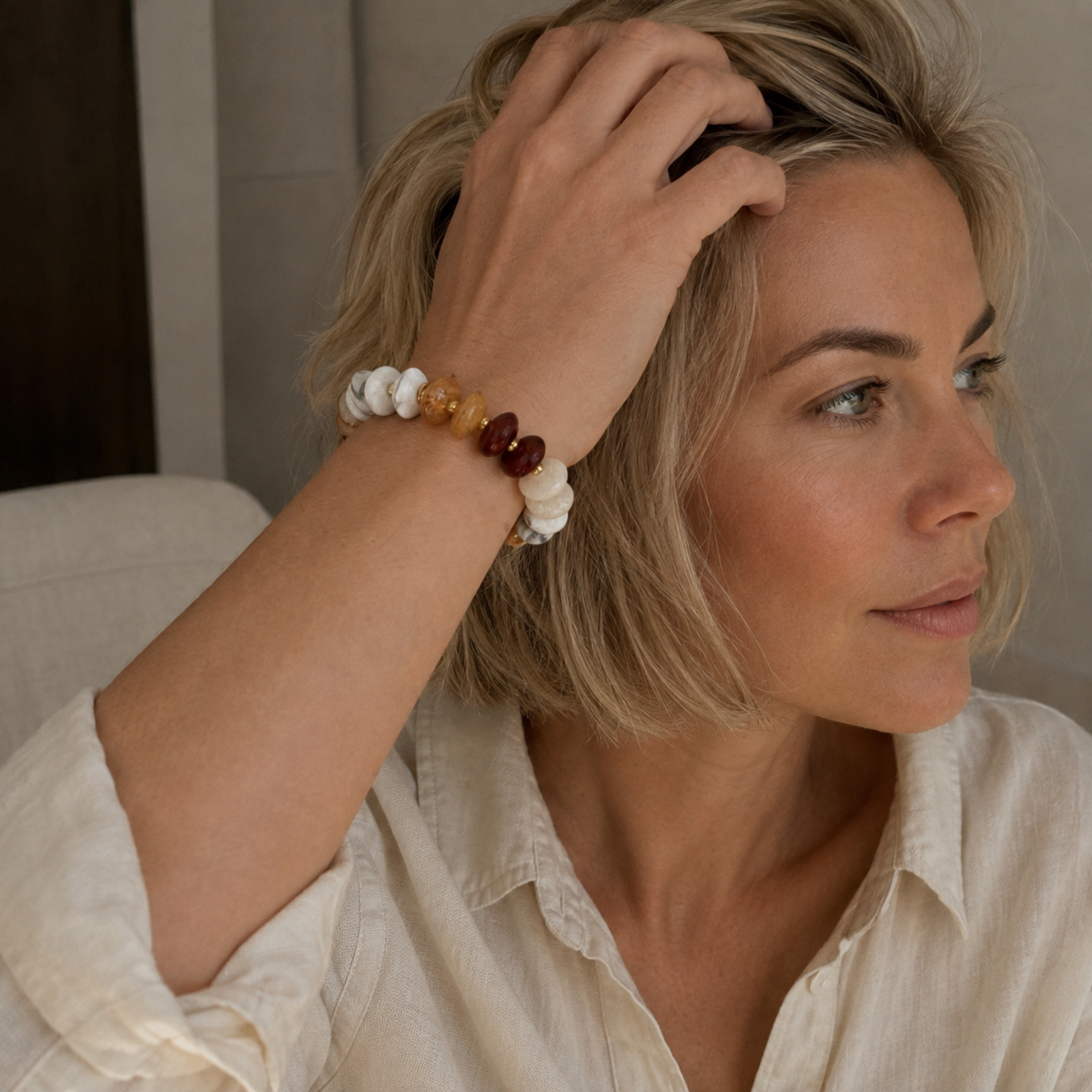 Ellison+Young Organic Pebble Stretch Bracelet, Acrylic & Stainless Steel Beads: Dessert Stone