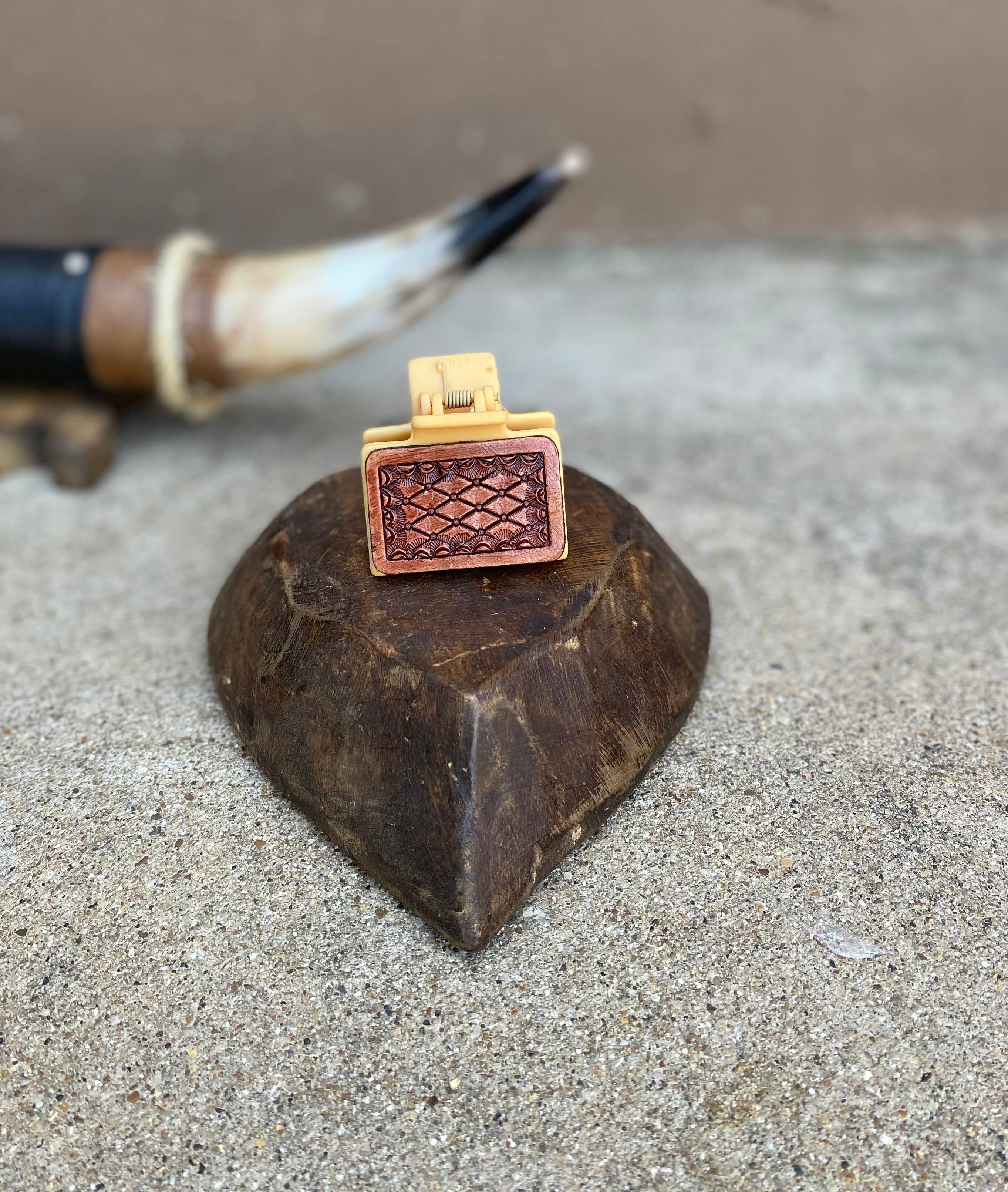 Tan Tooled Mini Hair Clip 2"