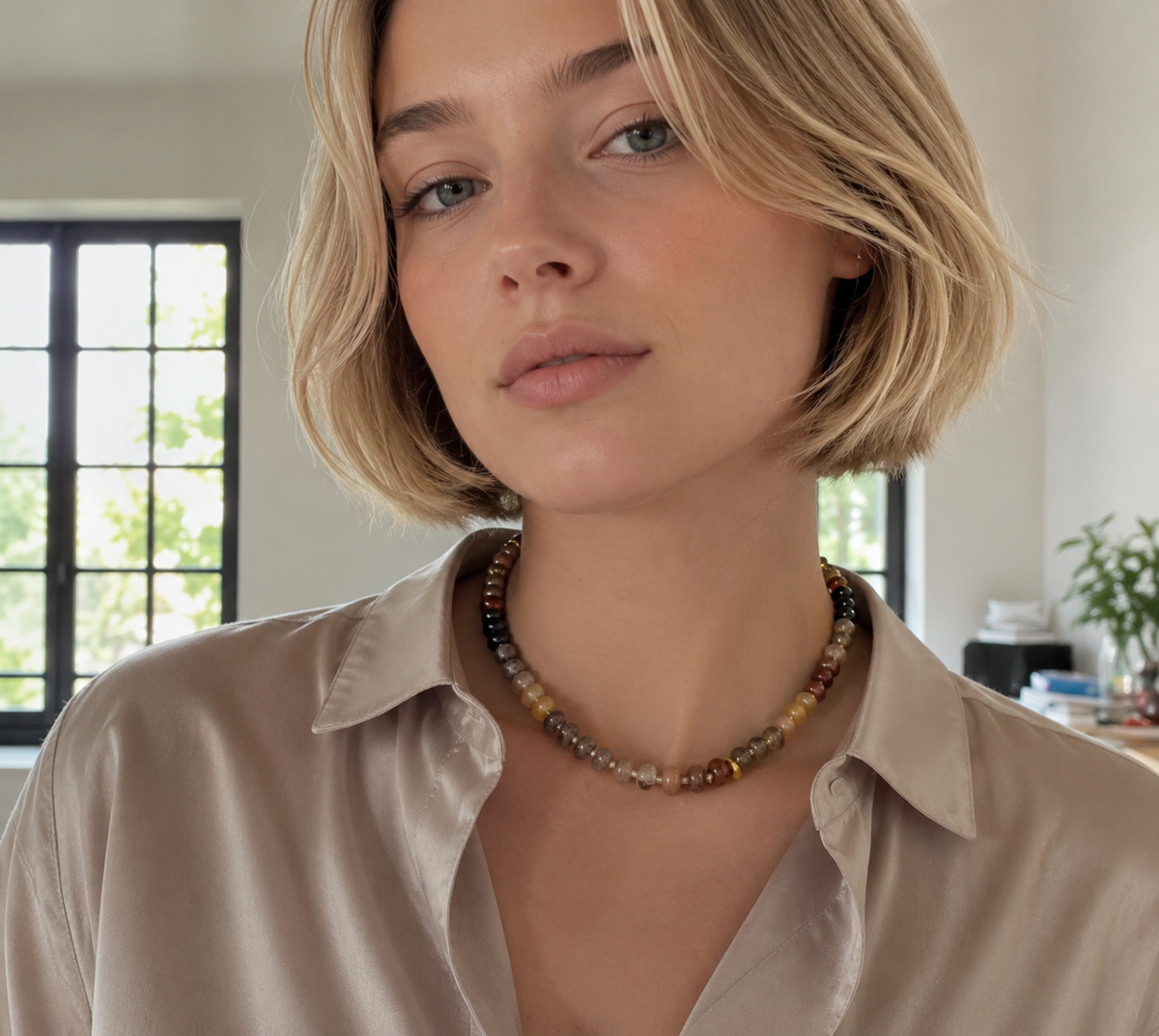 Color Garden Beaded Necklace – Natural Stone Beads Mix: Amber Garden