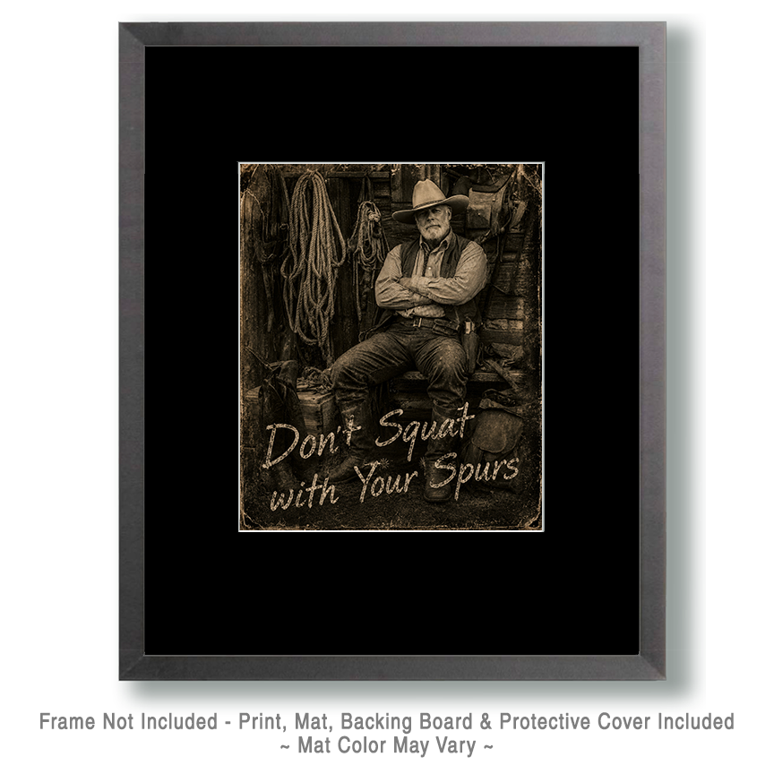 Cowboy Wisdom - Don't Squat with Your Spurs On Matted Art Print - Western Humor Art
